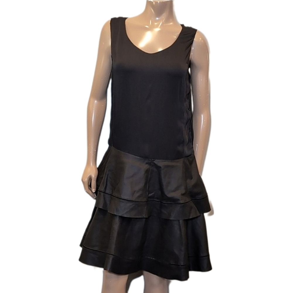 LMC Bod & Christensen Silk Dress Sleeveless Black Leather Ruffle Size 10
